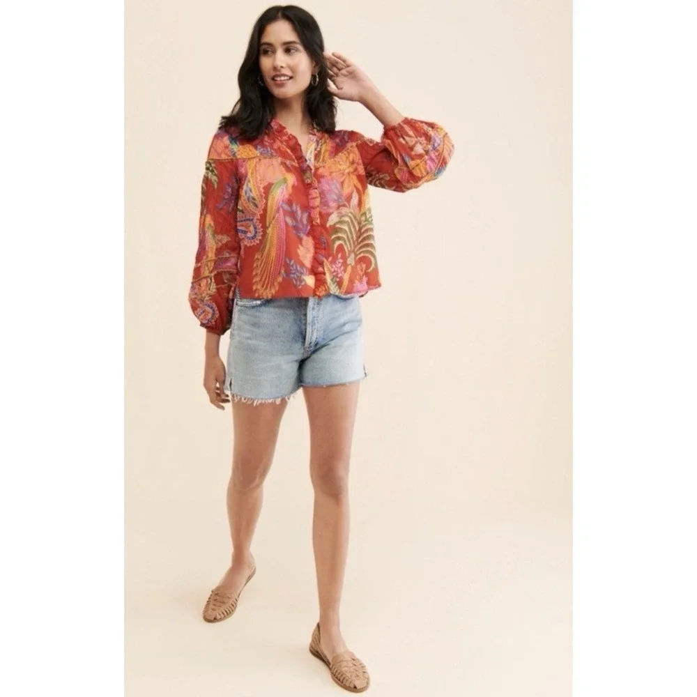 Anthropologie Farm Rio Boho Tropical Blouse Parrots‎ Birds M Resort Chic Top